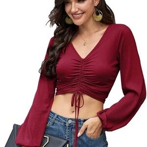 Elegant Burgundy Ruched V-Neck Top